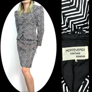 Vintage Monteverdi Couture Genova Luxury Silk Black & White Shevron Suit Sz 4 -2